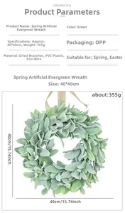 Detailed size specifications for the 40cm green artificial wreath with flocking leaves
