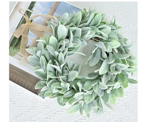 Detail of flocked lamb's ear wreath with soft velvet leaves and a burlap bow decoration