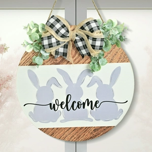 Easter Welcome Sign Wooden Round Rabbit Silhouette Door Hanger With Buffalo Plaid Bow Eucalyptus Leaves Spring Home Decor
