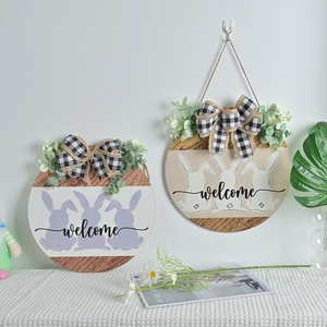 Easter bunny wooden welcome sign wreath with greenery and checkered bow for wall decor