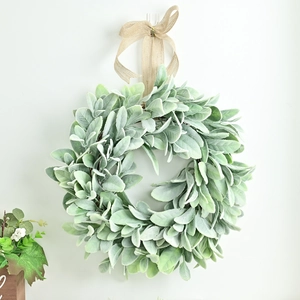 Artificial flocked lamb's ear wreath with rustic linen bow for spring wall decor