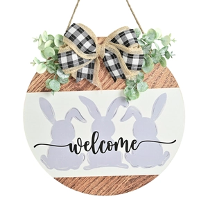 Easter wooden welcome sign with purple bunnies and black white buffalo plaid bow decor