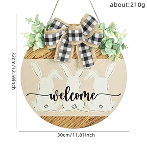 Wooden Easter welcome sign with white bunnies, black bow and eucalyptus leaves, 30cm diameter