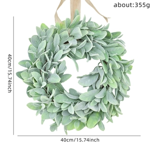 Artificial flocked lamb's ear wreath with 40cm outer diameter and rustic linen hanging ribbon