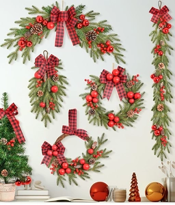 Detailed collection of Christmas wreaths and swags with red berries and plaid bows
