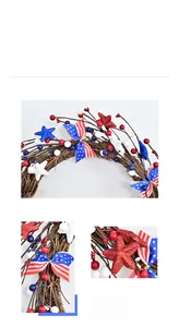 Close-up of handmade July 4th wreath with red white blue berries and star ribbon