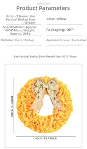 Détail de la couronne de la fête des abeilles avec froufrous jaunes et nœud en toile