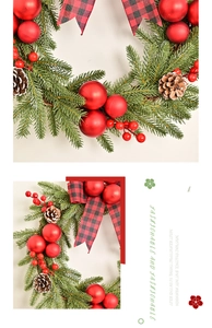 Detailed close-up of Christmas wall hanging with red berries, pine needles and plaid bow