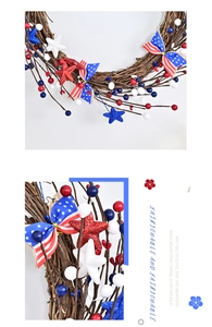 Detail of Fourth of July wreath with red white and blue berries and stars on vine base