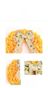 Détail de la couronne jaune fête des abeilles avec nœud en toile et motifs abeilles
