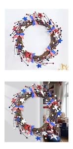 Detail of USA Independence Day wreath with red white blue berries and stars decoration