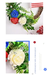 Macro shot of red white and blue faux flowers on a rustic grapevine wreath with US flag