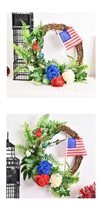 Detail view of Independence Day wreath with red white blue roses and American flag