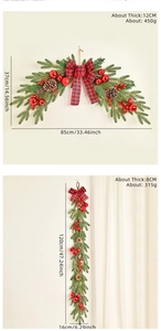 Detail of Christmas swag with pine needles, red berries and buffalo plaid bow
