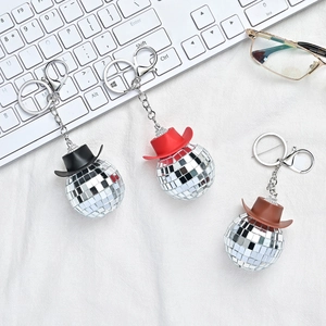 Retro Disco Ball Cowboy Hat Keychain Mirror Reflective Glass Ball Car Hanging Ornament Home Party Decoration Accessories