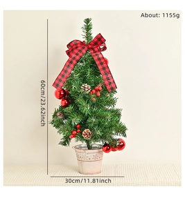 Detail of 60cm Christmas tree with red berries, pine cones and tartan bow in a metal pot