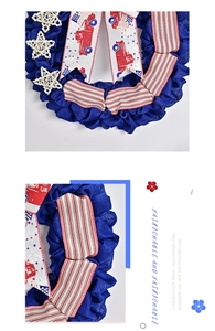 Detail of Fourth of July wreath featuring patriotic ribbons and white woven stars