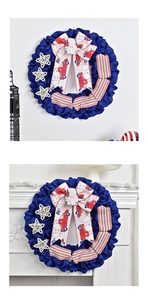 Detail of Independence Day wreath with blue burlap, red truck bow, and white woven stars