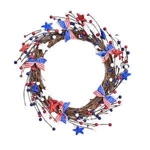 Patriotic July 4th berry wreath with stars and striped bow on natural twig base