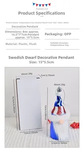 Detail view of Independence Day gnome pendant with size labels and red white blue colors