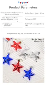 Close-up of red silver and blue star ornaments with metallic finish and hanging strings