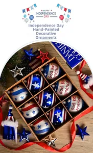 Macro shot of 9-piece Independence Day ornaments in red white and blue with patriotic motifs