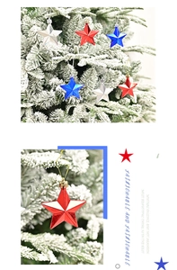 Close-up of red, blue and silver star ornaments with hanging strings for Christmas trees