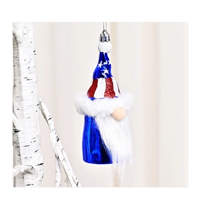 Close-up of patriotic gnome ornament with red white and blue stars and stripes details