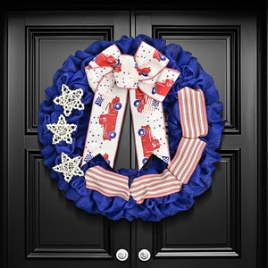 Patriotic Independence Day Burlap Wreath With Red Truck Bow White Stars Red White Blue American Flag Theme Door Decor