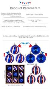 Detail view of 6cm red white and blue Independence Day ornaments in 9-piece boxed set