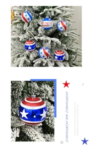 Close-up of patriotic Christmas ball ornament with God Bless America text and glitter