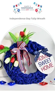 Detail of Independence Day wreath with blue burlap, tulips and Home Sweet Home wooden sign
