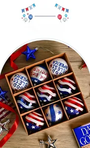 Set of 9 Independence Day Christmas balls with US flag motifs in a kraft storage box
