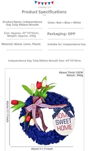 Detailed view of patriotic tulip wreath with Home Sweet Home sign 45x45cm dimension