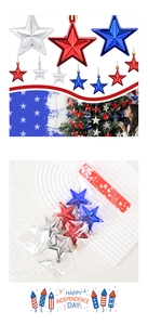 Close-up of red, white, and blue pentagram ornaments with hanging hooks for Independence Day