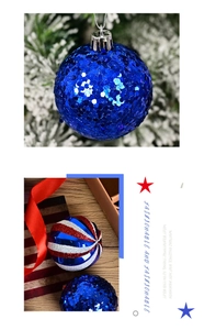 Macro shot of American flag themed Christmas ball ornaments with blue sequins and stripes