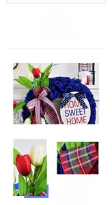 Handcrafted American Flag wreath with tulips and Home Sweet Home wooden sign detail