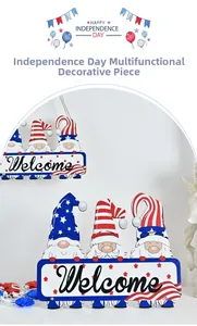Detail of American Independence Day wooden Welcome sign with patriotic gnomes and stars