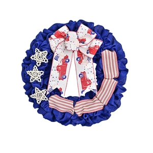 Independence Day wreath with blue burlap, white bow and red truck print hanging decor
