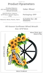 Detailed dimensions of 50x50cm sunflower wheel wreath with yellow bows and green leaves