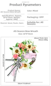 Détail de la couronne florale avec camion rose et tournesols, dimensions 60x50 cm