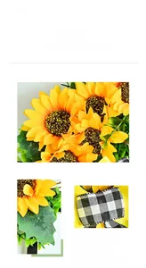 Close-up of faux sunflowers with green leaves and a black and white checkered bow tie