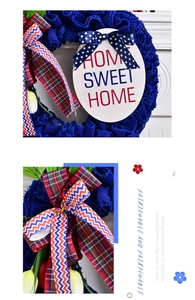 Detail of patriotic American flag ribbon wreath with white tulips and Home Sweet Home sign