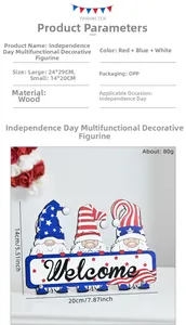 Detail view of Independence Day wooden gnome decor with Welcome sign and US flag colors