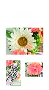 Détail de couronne de tournesols et roses avec nœud à carreaux noir et blanc et feuilles