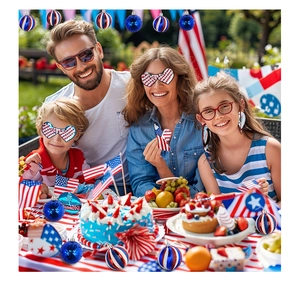 Close-up of red white and blue American flag themed glitter Christmas ornaments with family