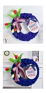 Detail of USA Independence Day wreath featuring burlap fabric and Home Sweet Home wooden sign