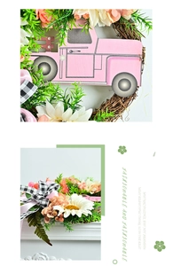 Vue détaillée du camion en bois rose et du nœud à carreaux noir et blanc sur la couronne