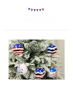 Detailed view of patriotic Christmas balls with American flag stars and God Bless America text