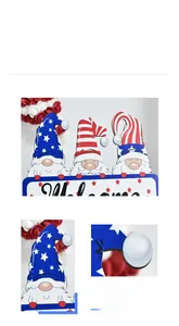 Detail of wooden gnome welcome sign with American flag stars and stripes pattern